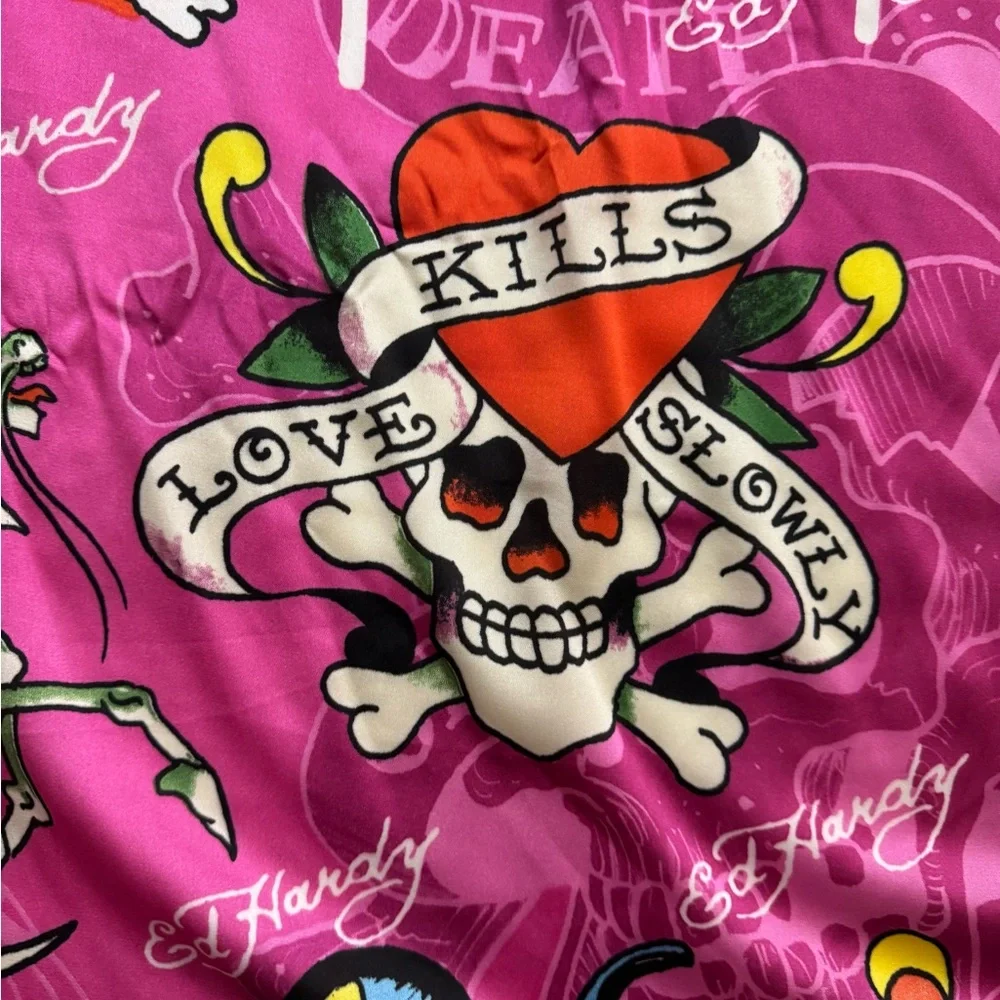 Ed Hardy Pink Skull Snake Tattoo Print Satin Scarf Wrap Y2K 43x43‎